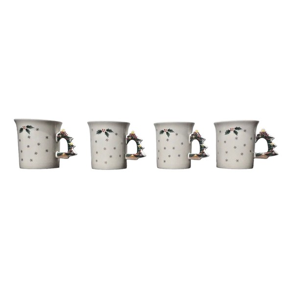 Vintage Christmas Set of 4 Mugs Japan Christmas Tree Handles Holly Snowflakes - Picture 5 of 10